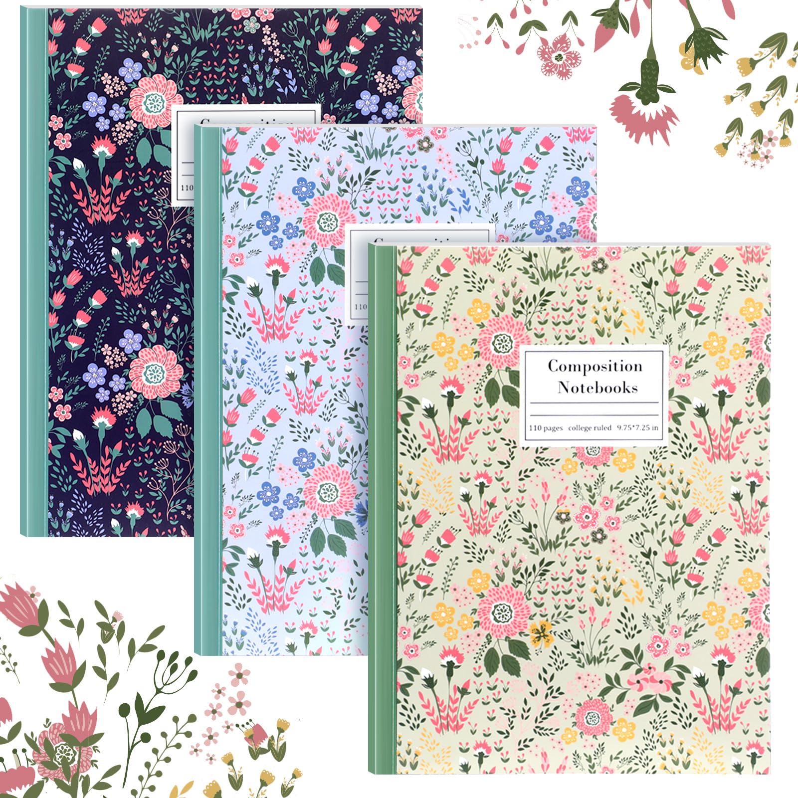 Photo 1 of 3 Pack Wildflower Composition Notebooks Back to School Vintage Flower College Ruled Notebook Aesthetic Journal Composition Notepads College Journal Gift 110 Ruled Pages for School Supplies Office