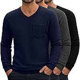 Neer 3 Pack Men's Big and Tall Waffle Thermal Long Sleeve Shirts V Neck Tops Casual Pullover Knit Undershirt with Pockets