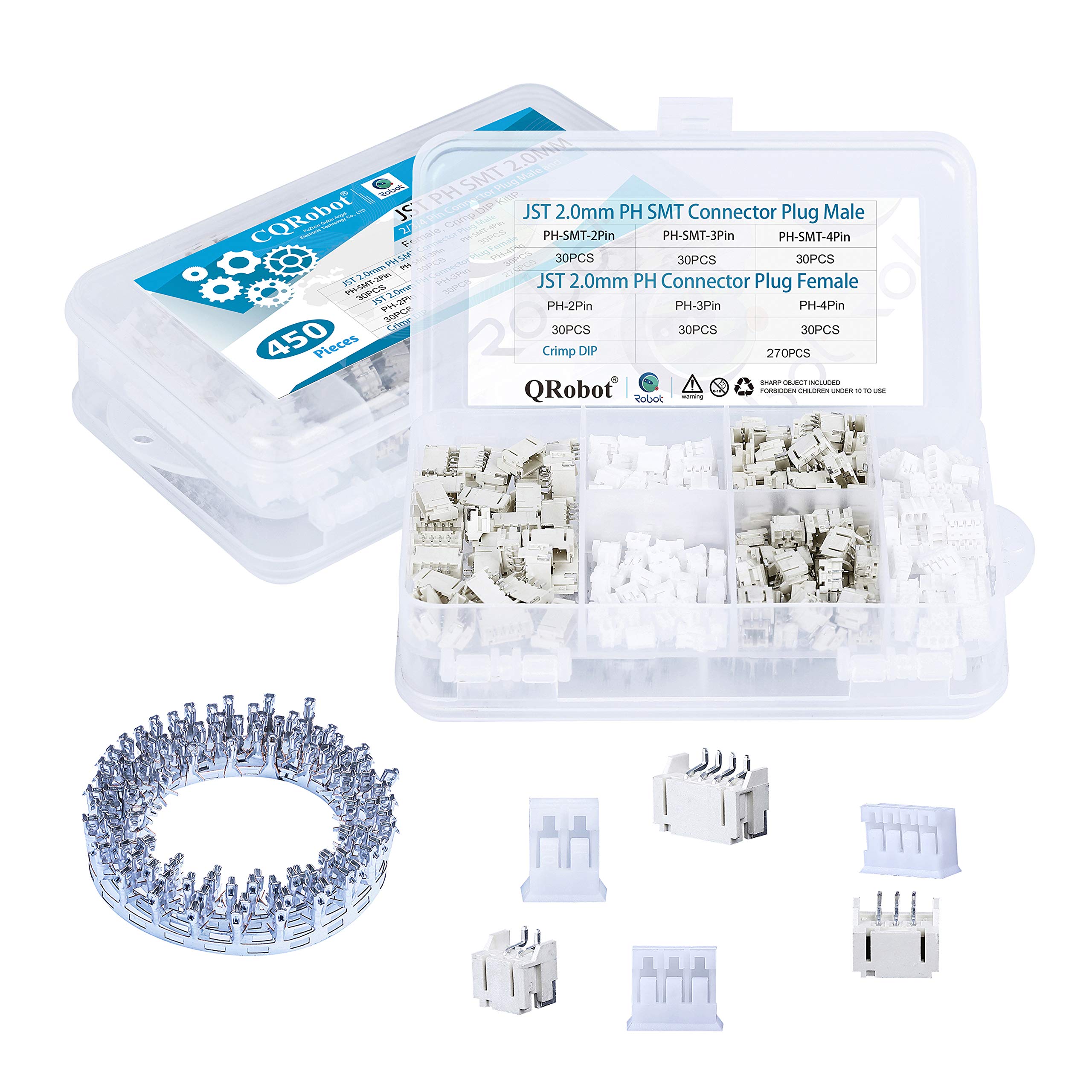 CQRobot JST PH SMT 2.0 mm Pitch 2-Pin/3-Pin/4-Pin Electronic Connector IC Male Plugs, Female Sockets Housing and T-Shaped Crimp Terminal. 90 Sets/450 Pieces Wire-to-Board Adapter Cable Assembly.