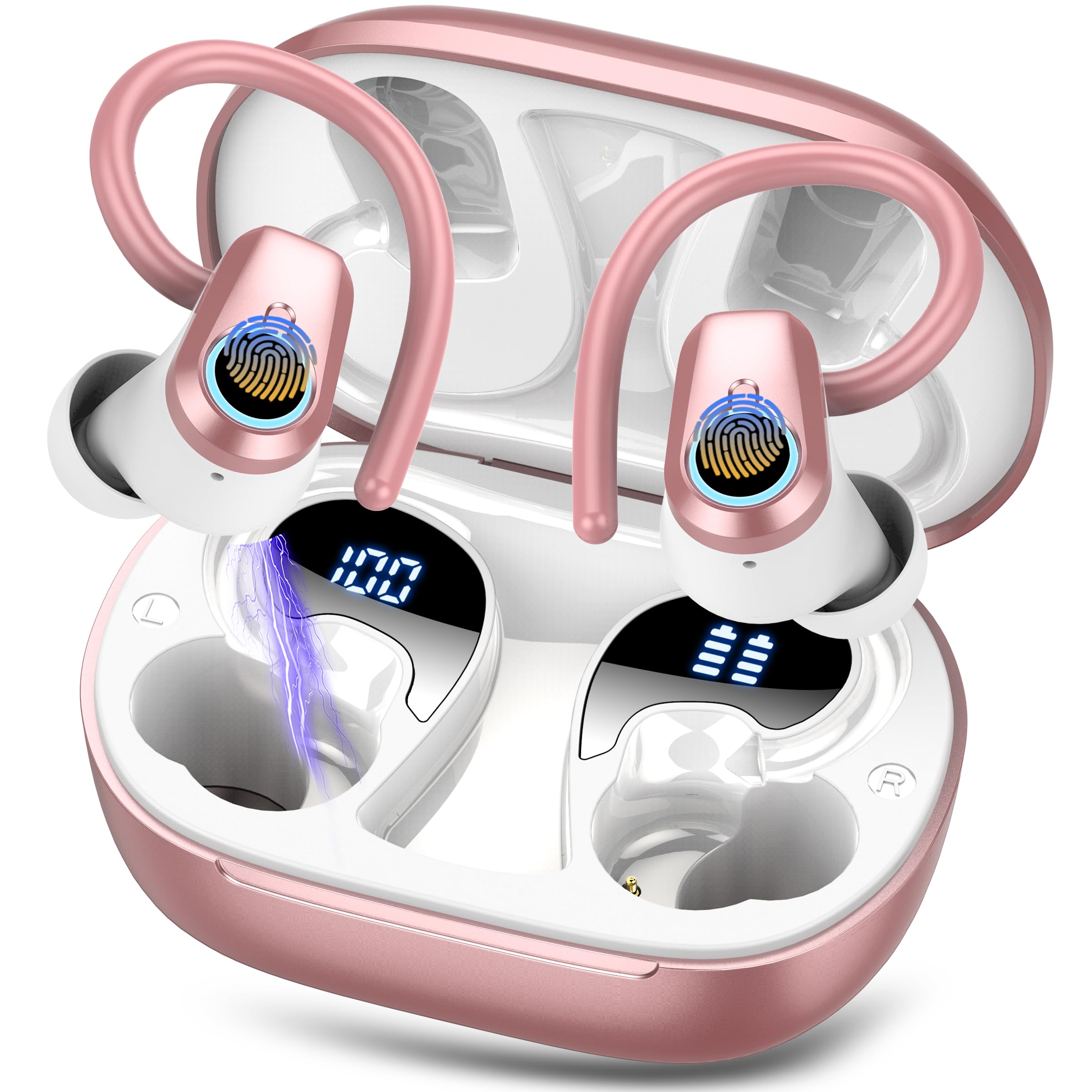 Wireless Earbuds, Bluetooth 5.3 Headphones with 4 ENC Noise Canceling Mic, 50H Stereo Dual LED Display Ear Buds, Sport Bluetooth Earphones with Earhooks, IP7 Waterproof Wireless Headphones, Rose Gold