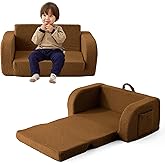 Toddler Couch, 2-in-1 Toddler Chairs Comfy 1-3 Years Old, Toddler Chair for Girls and Boys, Kids Couch Bed Fold Out, Convertible Baby Sofa to Lounge Chair for Playing, Reading, Napping, Double, Brown