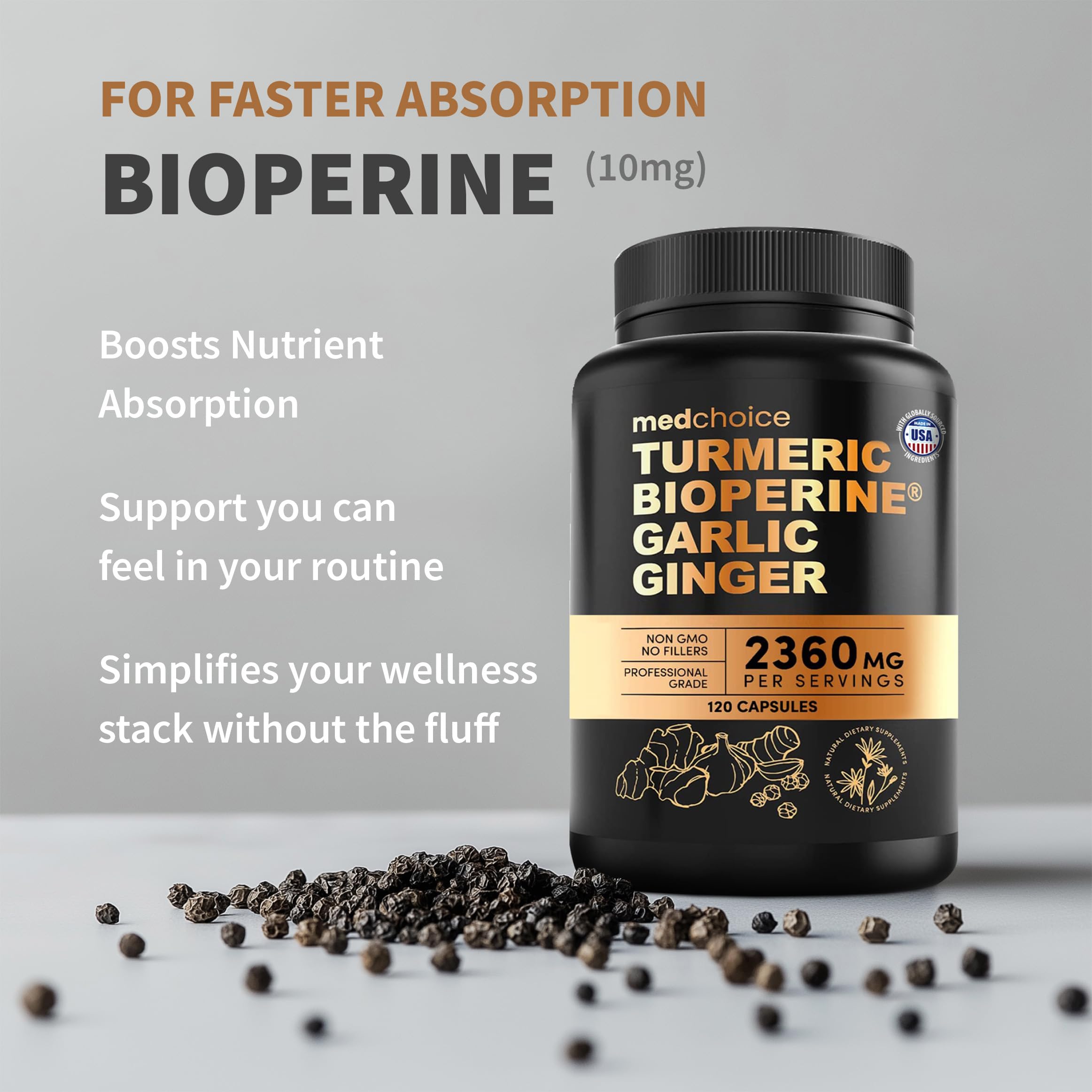4-in-1 Turmeric and Garlic Supplements with BioPerine – 2360mg Turmeric Ginger Root Capsules with Garlic – High Potency Herbal Blend (120 ct)