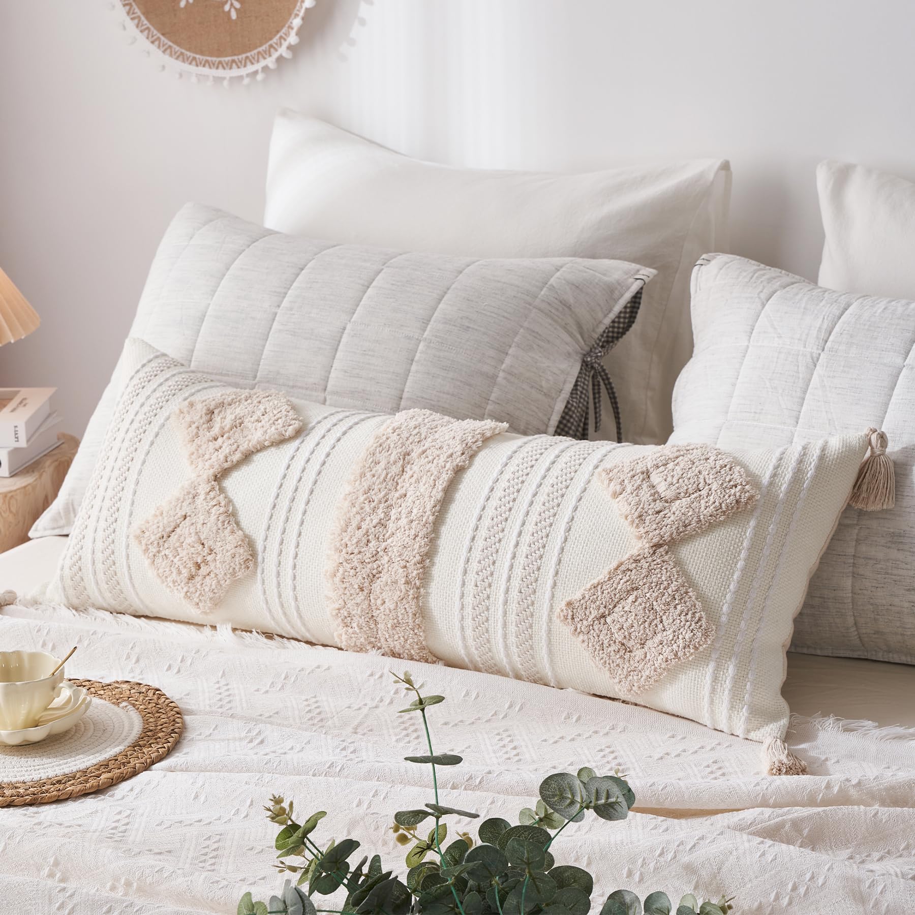 Plushio Boho Lumbar Pillow Cover 14x36 inch, Cream Decorative Long