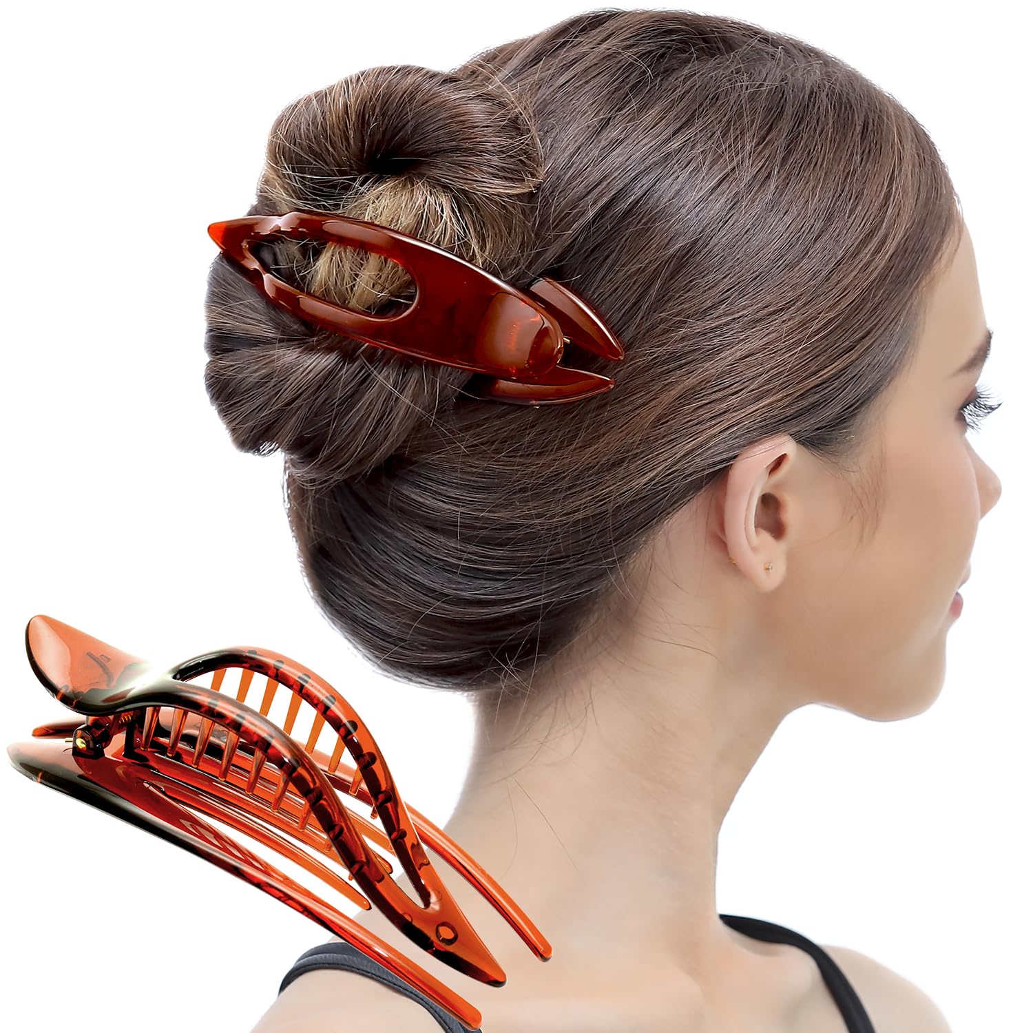 RC ROCHE 1 Pcs Flat Hair Clips Big Claw for Thick Hair French Duckbill Women No Slip Side Slide Curved Alligator Concord Strong Grip Hold Volume Lay Down Clamp, Large Brown