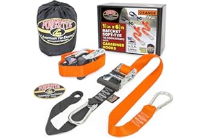 PowerTye 1.5in x 6.5ft Heavy Duty Ratchet Tie-Down Straps with Soft-Tye, Carabiner Hooks - 1,000 lb Working Load Limit / 3,000 lb Breaking Strength - Made in USA - Orange/Black Pair + Storage Bag