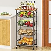 XYZLVSI Kitchen Storage Cart with Wheels, 5-Tier Metal Utility Rolling Cart Fruit Vegetable Storage Basket Pantry Rack with Wood Top & Pull Out Baskets for Kitchen, Livingroom, Diningroom, Office