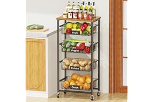XYZLVSI Kitchen Storage Cart with Wheels, 5-Tier Metal Utility Rolling Cart Fruit Vegetable Storage Basket Pantry Rack with Wood Top & Pull Out Baskets for Kitchen, Livingroom, Diningroom, Office