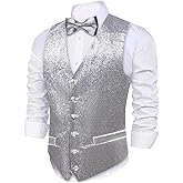 Barry.Wang Mens Shiny Vest V-neck Silm Fit Suit Waistcoat Bowtie Set Party Prom Tuxedo Formal Casual