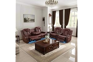 PLITHZY Power Recliner Sofa Set with LED, Breathing Leather Reclining Living Room Furniture, Recliner Leather Sofa Couch with USB Port/Cup Holder/Armrest Storage (Sofa and Loveseat, Garnet)