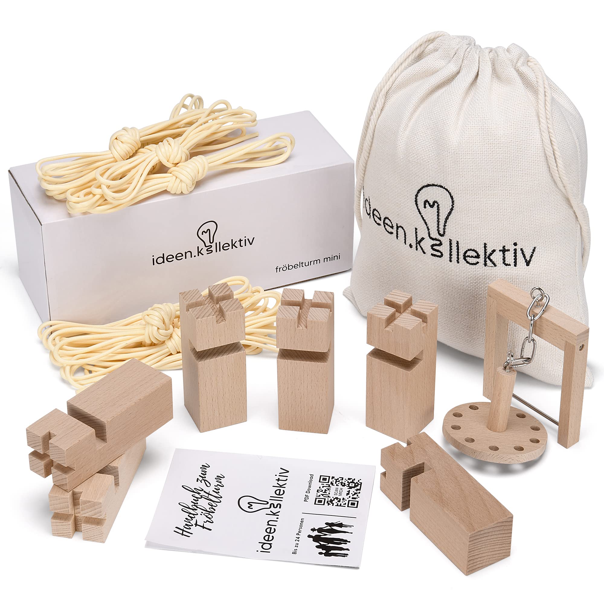 ideen.kollektiv Mini Fröbelturm Gesellschaftsspiel - Stapelspiel aus Buchenholz für bis zu 10 Spieler - Teambuilding Outdoor Spiel für Kinder und Erwachsene inkl. hochwertigem Stoffbeutel