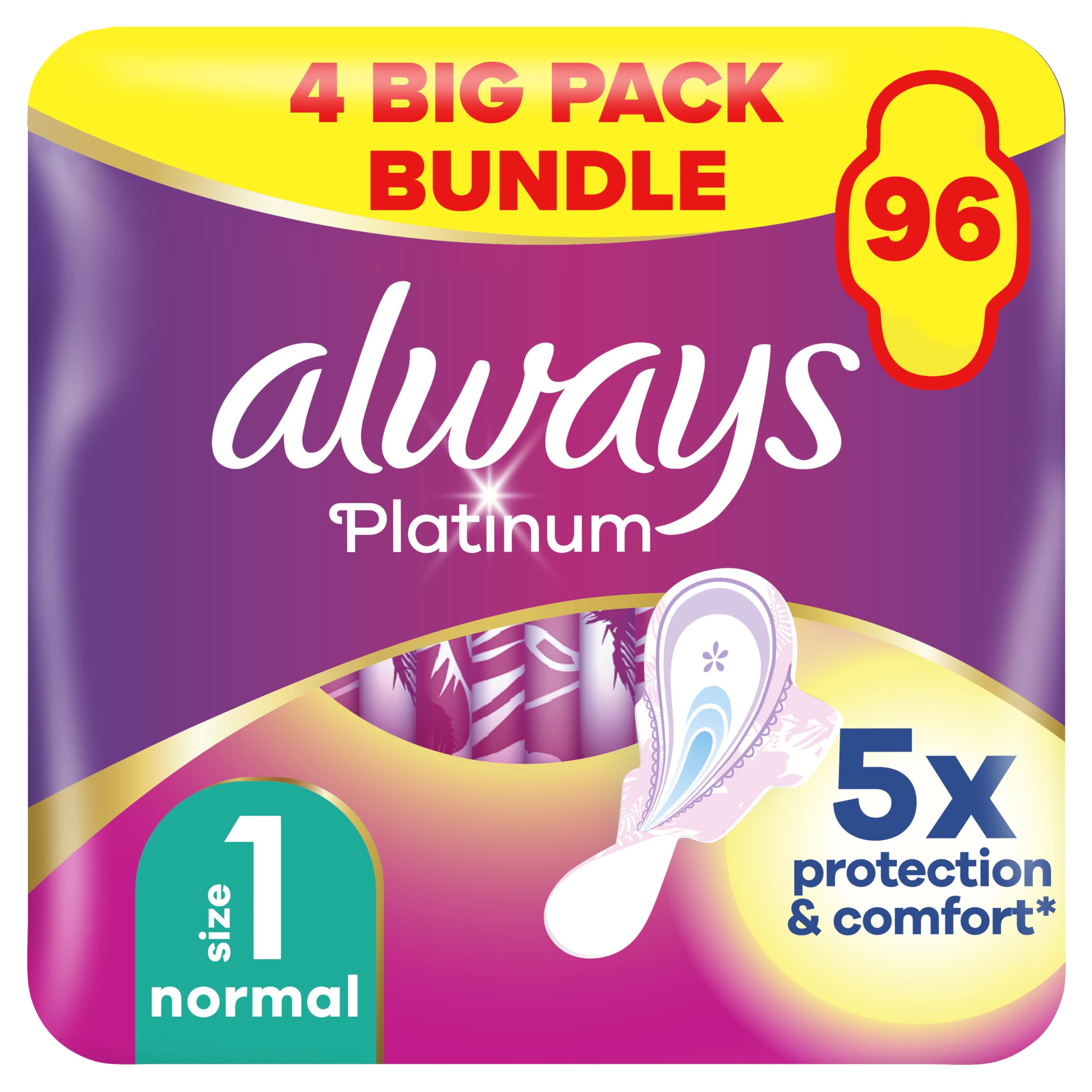 Always Platinum Sanitary Towels Normal (size 1) With Wings 24 Pads, Ultra Soft And Protective Topsheet, Light Scented