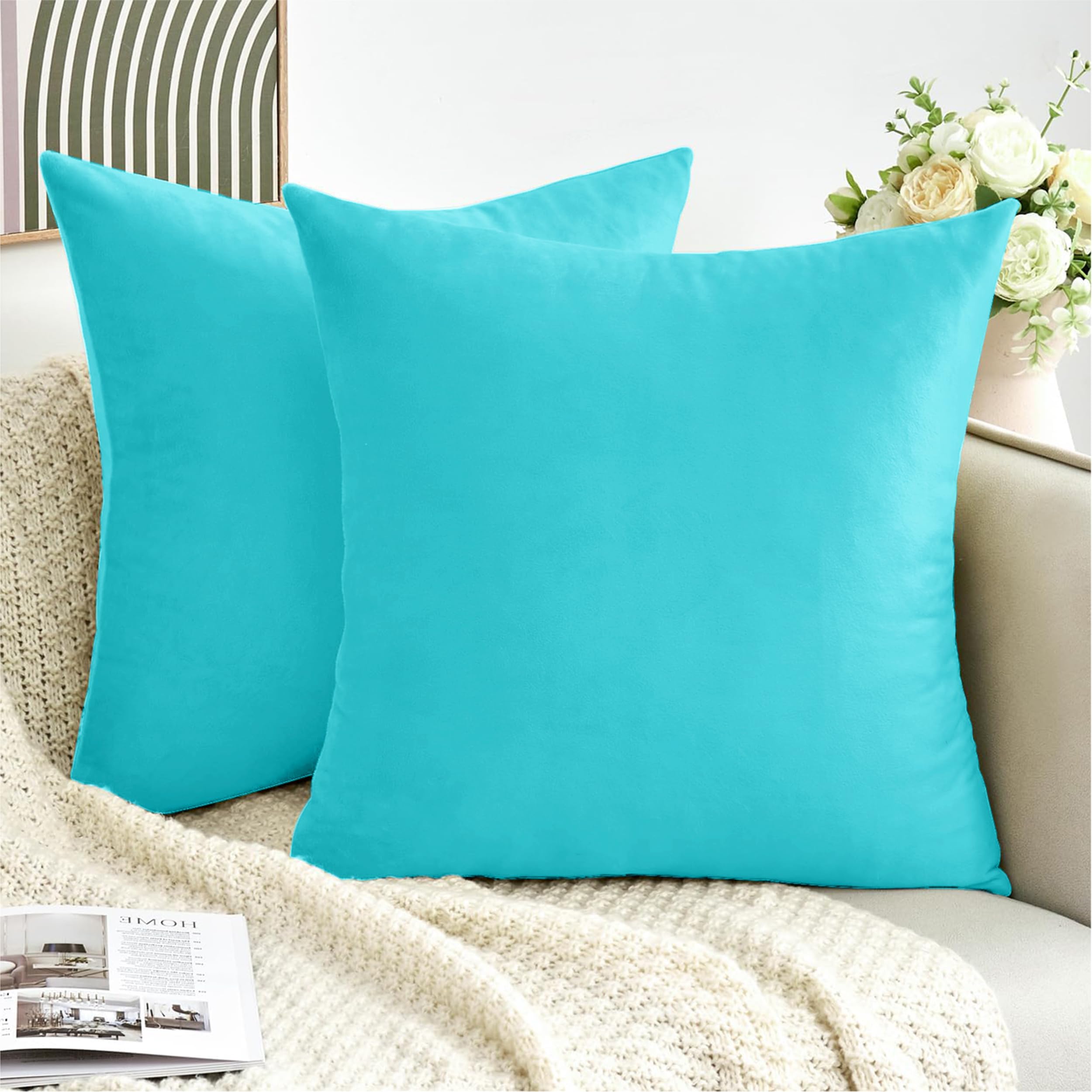 My home store Velvet Cushion Covers 45 x 45 cm- Christmas Decorative Square Throw Pillowcases – Turquoise Cushion Covers Set of 2 for Sofa Bedroom with Invisible Zipper 18" x 18" — image 1