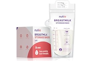 Nuliie 240 Pcs Temp-Sensing Breastmilk Storage Bags, No-Leak, BPA Free with Easy Pour Spout, 6 OZ Presterilized, Hygienically Self Standing Milk Storage Bags Freezer for Breastfeeding