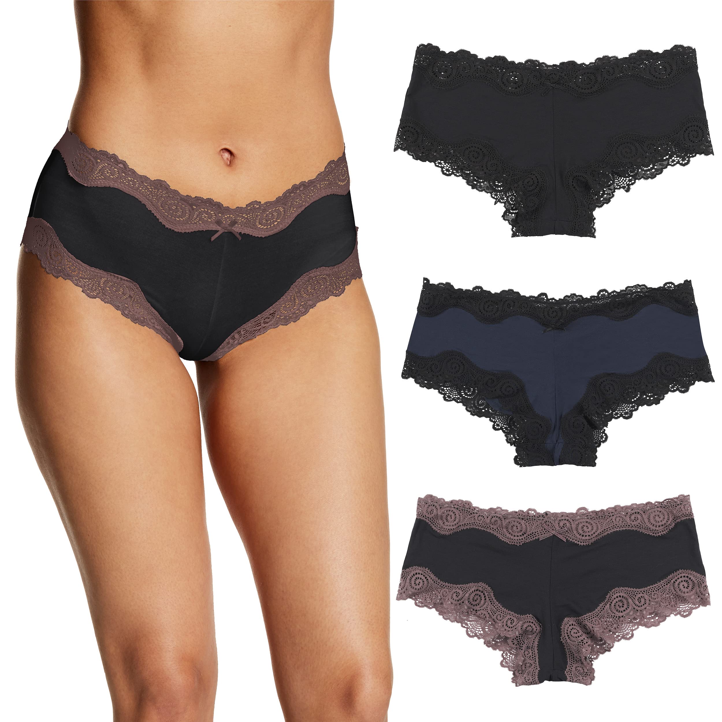 Photo 1 of ** ONLY 2 ** Maidenform Women's Underwear, Low-Rise Cheeky, Scalloped Lace Hipster Panty, 3-Pack, Black/Navy Black/Black Rum Raisin