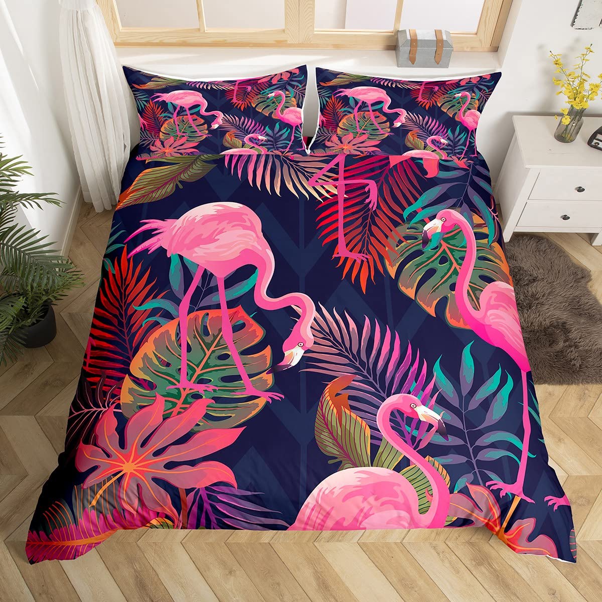 Couple Flamingo Brown Leaf Bird Duvet Cover Set King Bird Colorful Bedding Set Ultra Soft Microfiber Double Animals Theme Reversible Bedding Exotic Style Decor Comforter Cover 3pcs Bedding Set