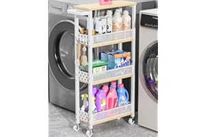 Giwil 4-Tier Slim Rolling Storage Cart for Kitchen Bathroom Organizer, Mobile Narrow Storage Cabinet Utility Cart with Wood Rack on Wheels for Pantry Laundry Small Space, White