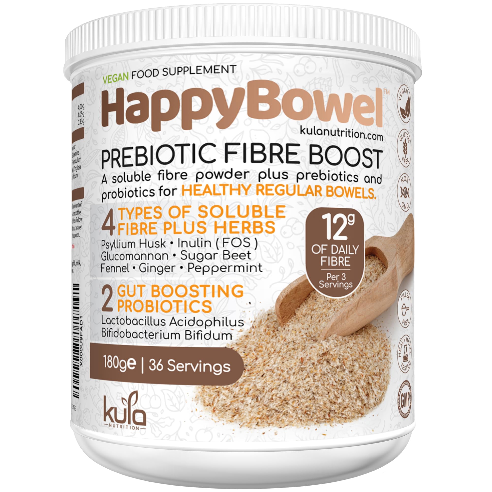 HappyBowel – Prebiotic Soluble Fibre Powder Supplement with Probiotics for Gut Health. Inulin FOS, Psyllium Husk, Glucomannan, Beet, L-Glutamine, Peppermint - 12g High Fiber Drink - 180g (36 Servings)