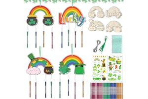 TREACLUB 12 Pack St. Patrick's Day Wind Chime Kit for Kids, Make You Own Lucky Irish Day Rainbow Wind Chimes Saint Patrick's Day DIY Wood Ornaments DIY Coloring Wooden Art and Craft for Party Decorations
