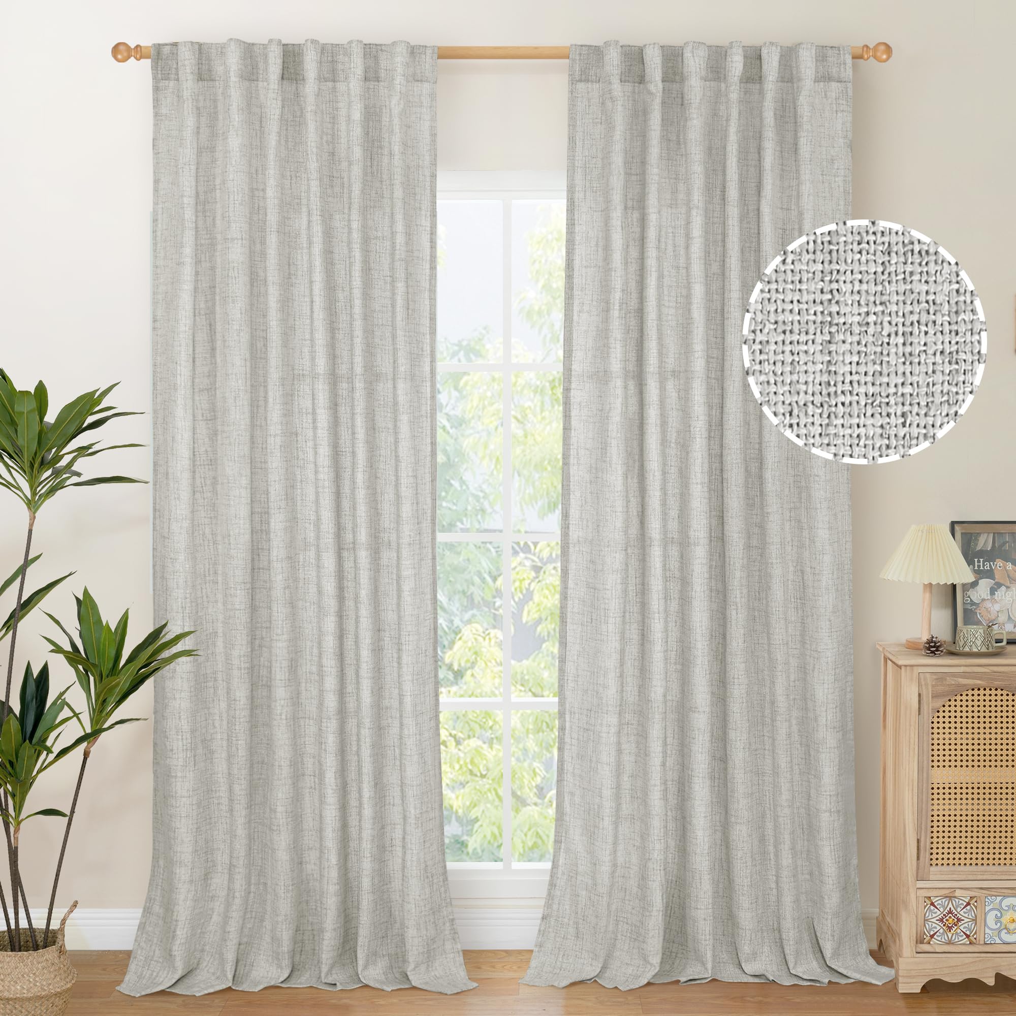 YoungsTex Light Grey Linen Curtains 95 Inches Long for Living Room, Floor Length Semi Sheer Drapes with Rod Pocket Back Tab Light Filtering Window Treatments for Bedroom, 52 X 95 Inch, 2 Panels Image