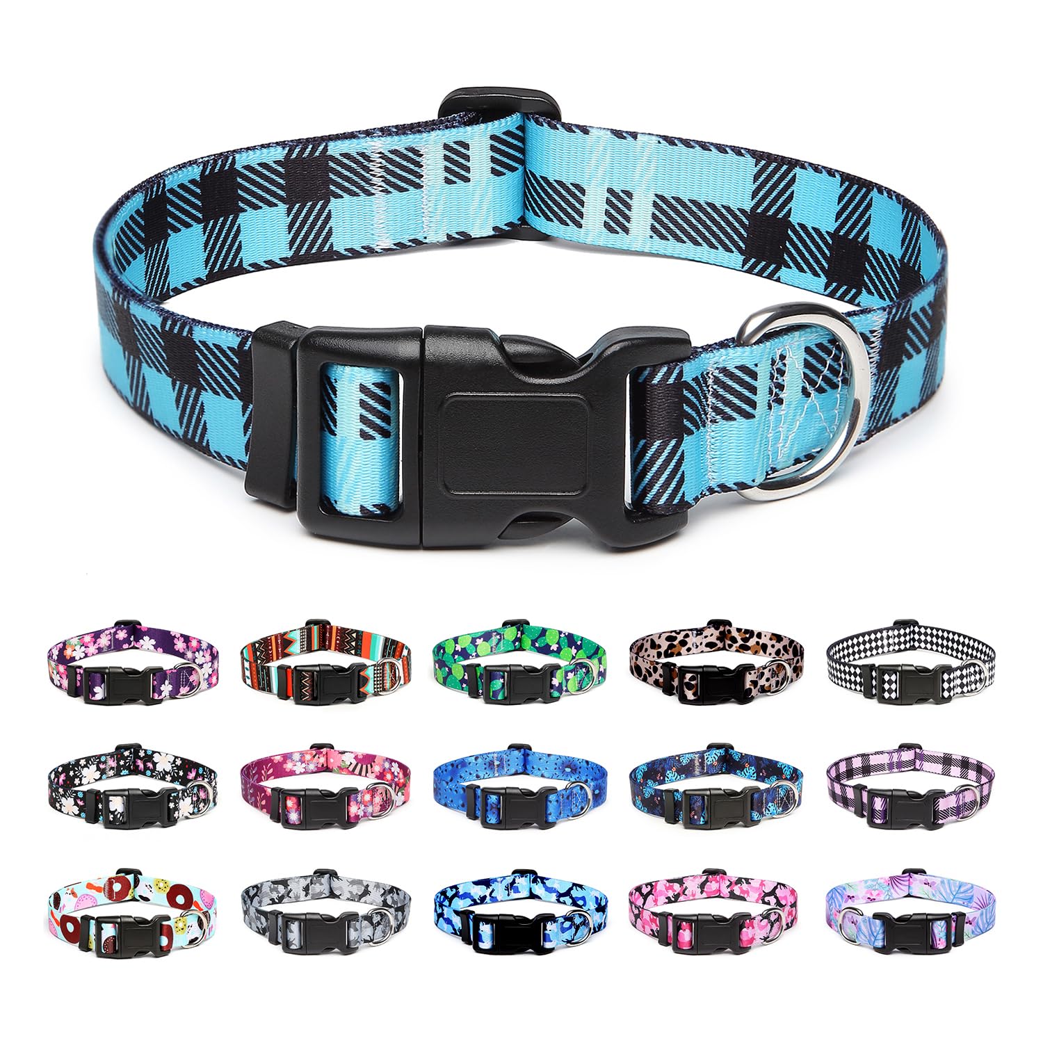 Mercano Adjustable Dog Collar - Special Design Patterns, Soft Nylon Comfortable Durable Pet Collar for Small Medium Large Dogs (L, Blue Plaid)