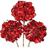 Hollyone 3Pcs Artificial Hydrangea Flowers Red Christmas Ornaments Flowers 26inch Fake Hydrangea Flower Floral Arrangements Bouquets Xmas Faux Hydrangeas Stems Wedding Party Christmas Home Decor