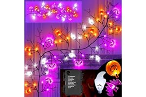 JO.DEVIVRE 6FT 54 LED Halloween Willow Vine Twig Garland with Orange Purple White Lights & 8 Model Timer &7 Pumpkin Bat Ghost,Battery Operated Halloween Decorations Garland for Mantel Table Indoor Home Decor