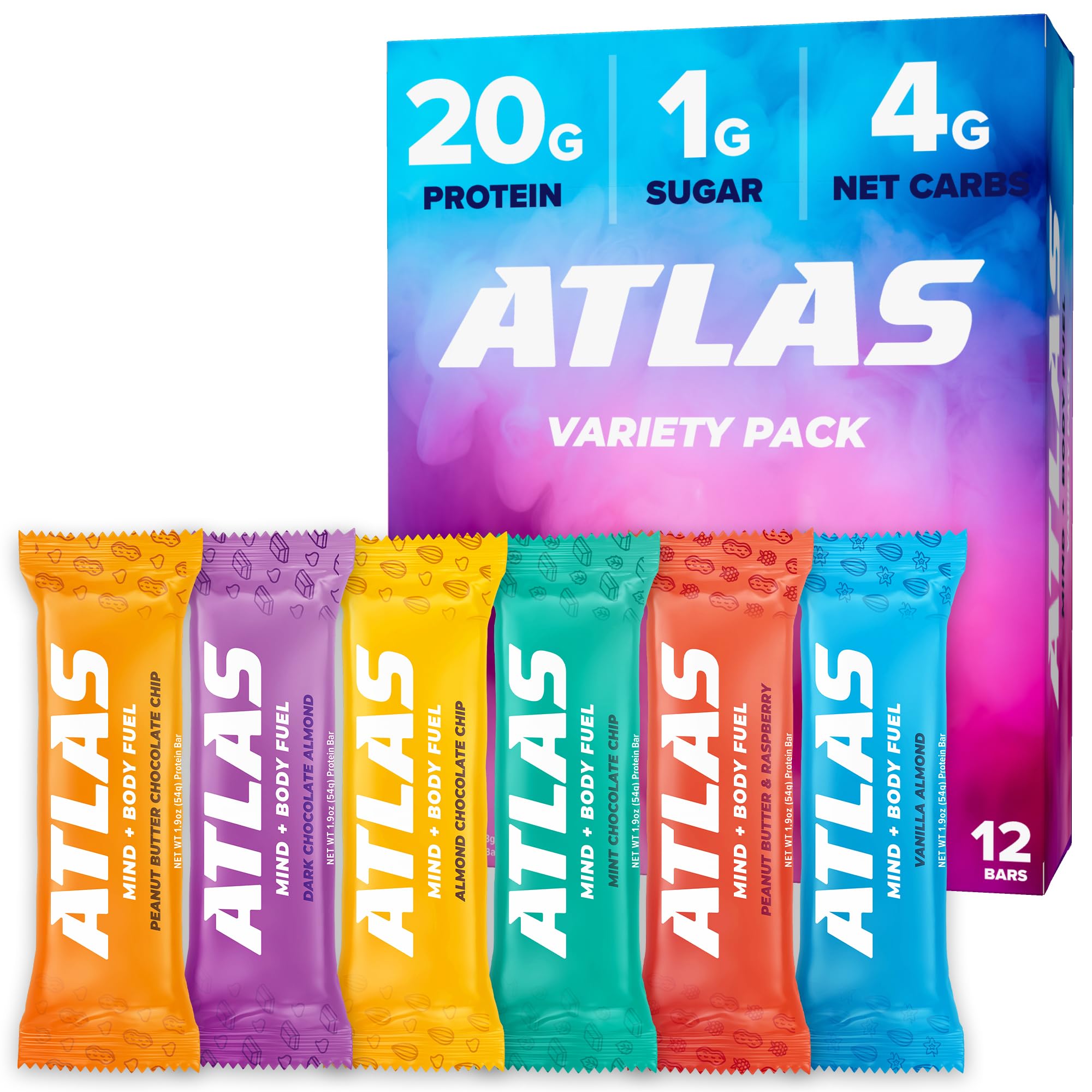 Atlas Protein Bar, 15g Protein, 1g Sugar, Clean Ingredients, Gluten Free, Value Pack (30 Count, 6 Flavors)