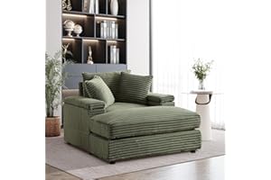 ATUMON 44" Oversized Corduroy Chaise Longue Indoor,Comfy Thicked Upholstered Pad Lounge Chair with Ottoman,Soild Wood Sleeper Reclining Chair,Deep Seat Couch for Living Room-Army Green