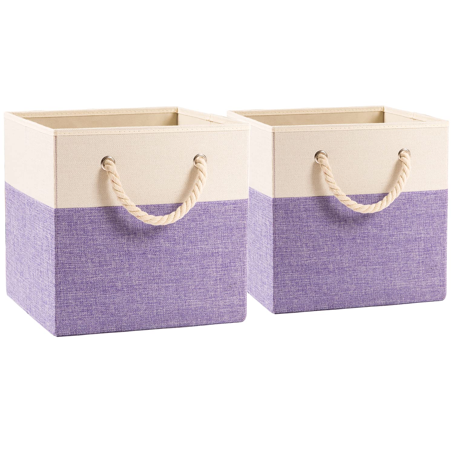 Prandom Foldable Cube Storage Bins 28x28x28cm [2-Pack] Fabric Linen Storage Baskets Cubes Drawer with Cotton Handles Organizer for Shelves Closet Bedroom Purple