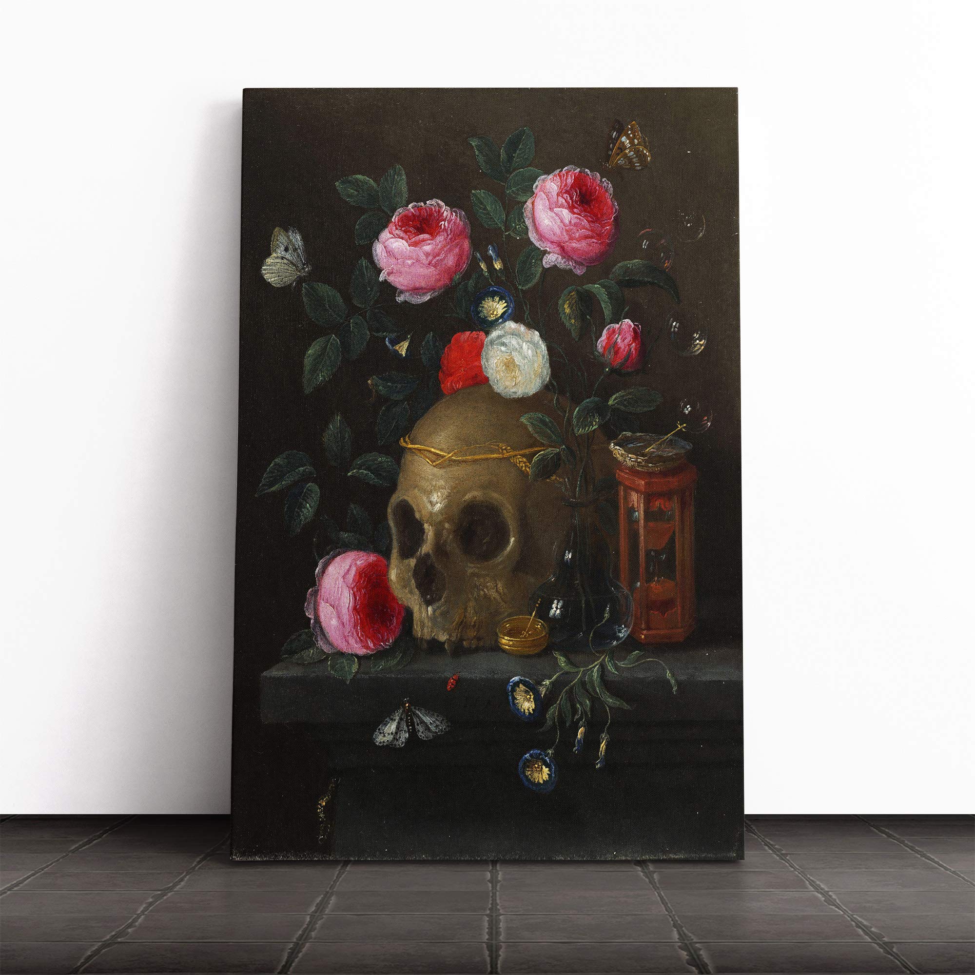 Jan Van Kessel Skull and Flowers Canvas Print | Gallery Wrapped 30mm Frame Wall Art | 20x14 inches | Ready to Hang | Modern Floral Picture | Living Room Bedroom Lounge Office