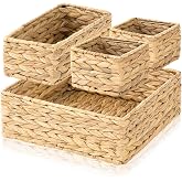 Funnymoom 4 Set Wicker Storage Baskets, Woven Hyacinth Baskets for Shelves | Large and Small Canastas De Mimbre, Natural Water Hyacinth Cube for Container Boxes Organizer Divider Bathroom Drawer Dresser