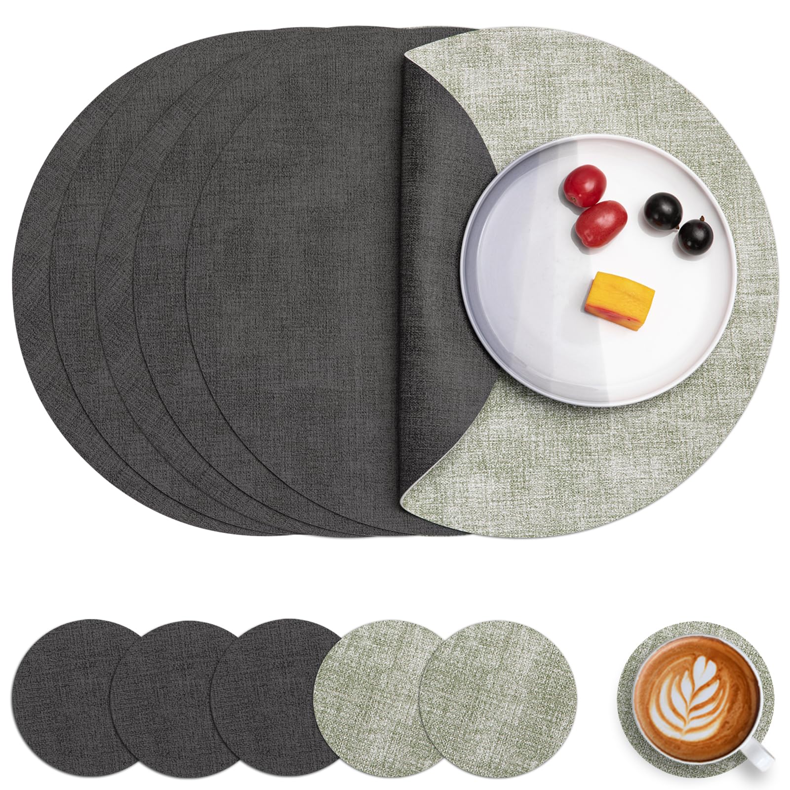 Myir JUN Leather Placemats and Coaster Set of 6, Table Mats Round Waterproof Dual Sided Kitchen Place Mats Coffee Mats Heat Resistant Placemat Non-Slip Washable (set of 6, Grey Green)