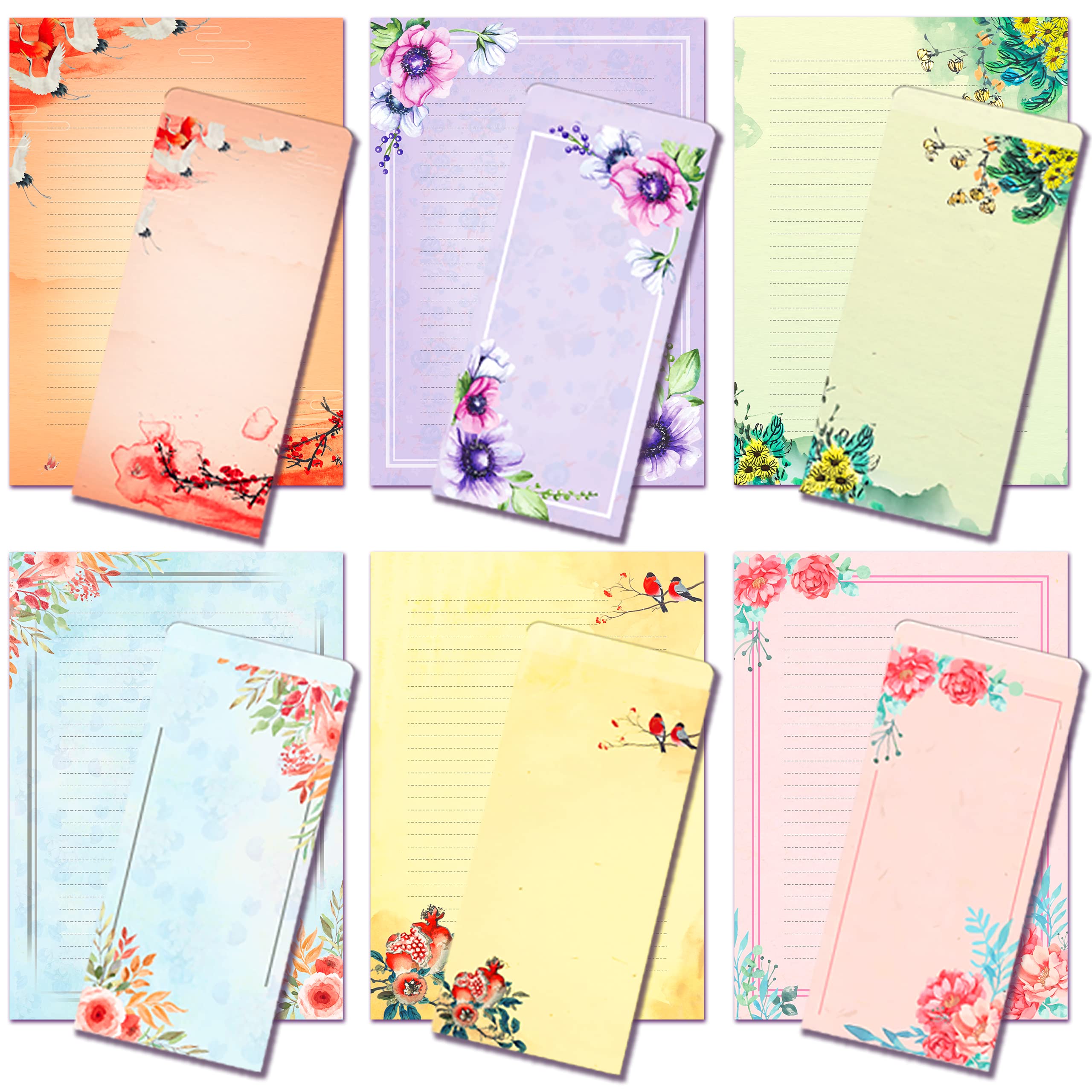 A4 Floral Stationery Paper and Envelopes Set, 48 Pieces Letter Writing Paper with 24 pc Self-Sealing Envelopes, 100gsm Heavy Weight Printer Friendly, Color Both Sides, Ink Painting Classic Stationary