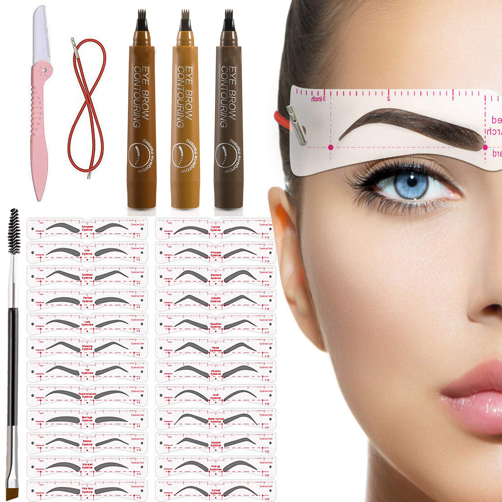 TEUVO 24 Styles Eyebrow Stencils for Beginners, Reusable Stencils Kit with 1 Brow Brush, 1 Eyebrow Razor Trimmer and 3 Pens, 3-Minute Makeup Kit
