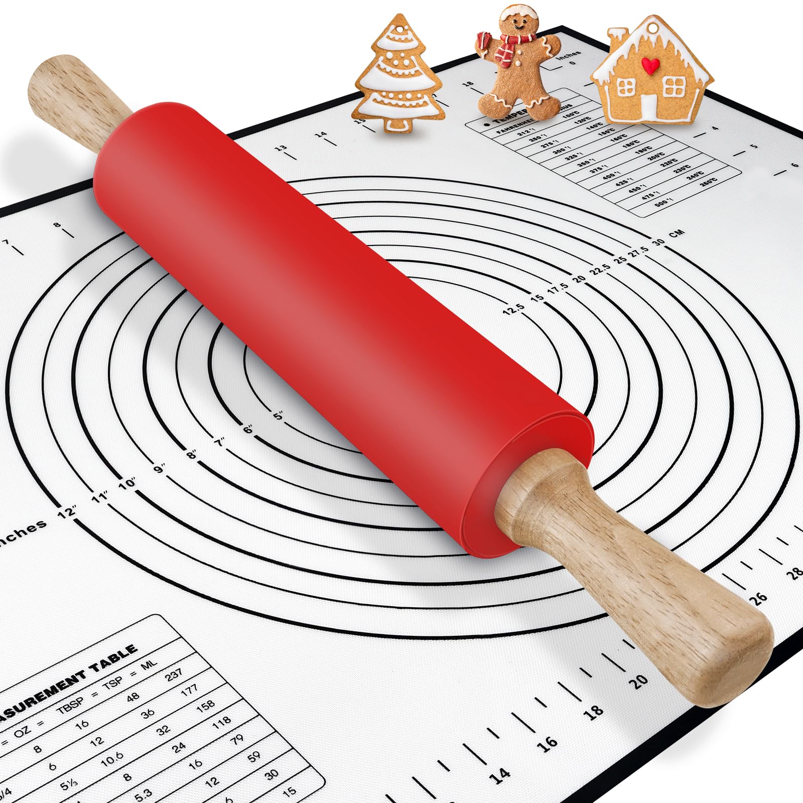 Rolling Pin and Baking Mat | Smooth Non Stick Silicone Rolling Pins | Professional Dough Roller with Wooden Handle for Pastry Pizza Fondant Icing | Idea Gift for Kitchen Gadgets | 17 Inch