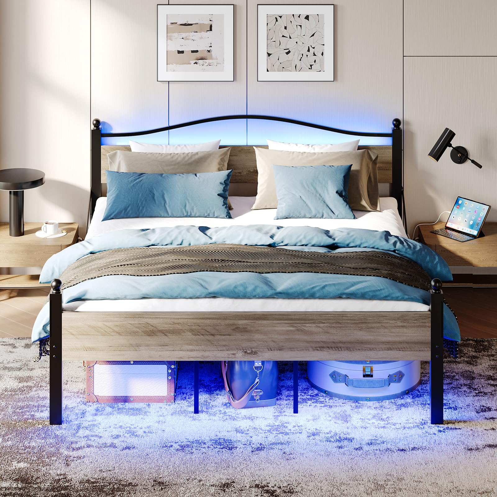 Photo 1 of ***IMAGE REFERENCE***Pinmoco Queen Size Bed Frame with Headboard and Charging Station, 18 Inch Heavy Duty Metal Platform Bed with 16.5'' Under Bed Storage Space, Dual LED Lights, Sturdy, Noise Free, Easy Assembly, Gray