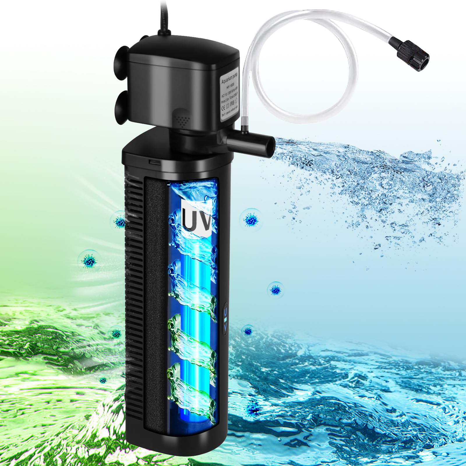 Photo 1 of Small Pond Filter for 75-300 Gallon Tank, Aquarium U-V Filter Green Clean Machine Submersible Powerful Pump Canister Filter 600GPH for Fish Turtle Tank Saltwater Freshwater Crystal Clear Green Killing