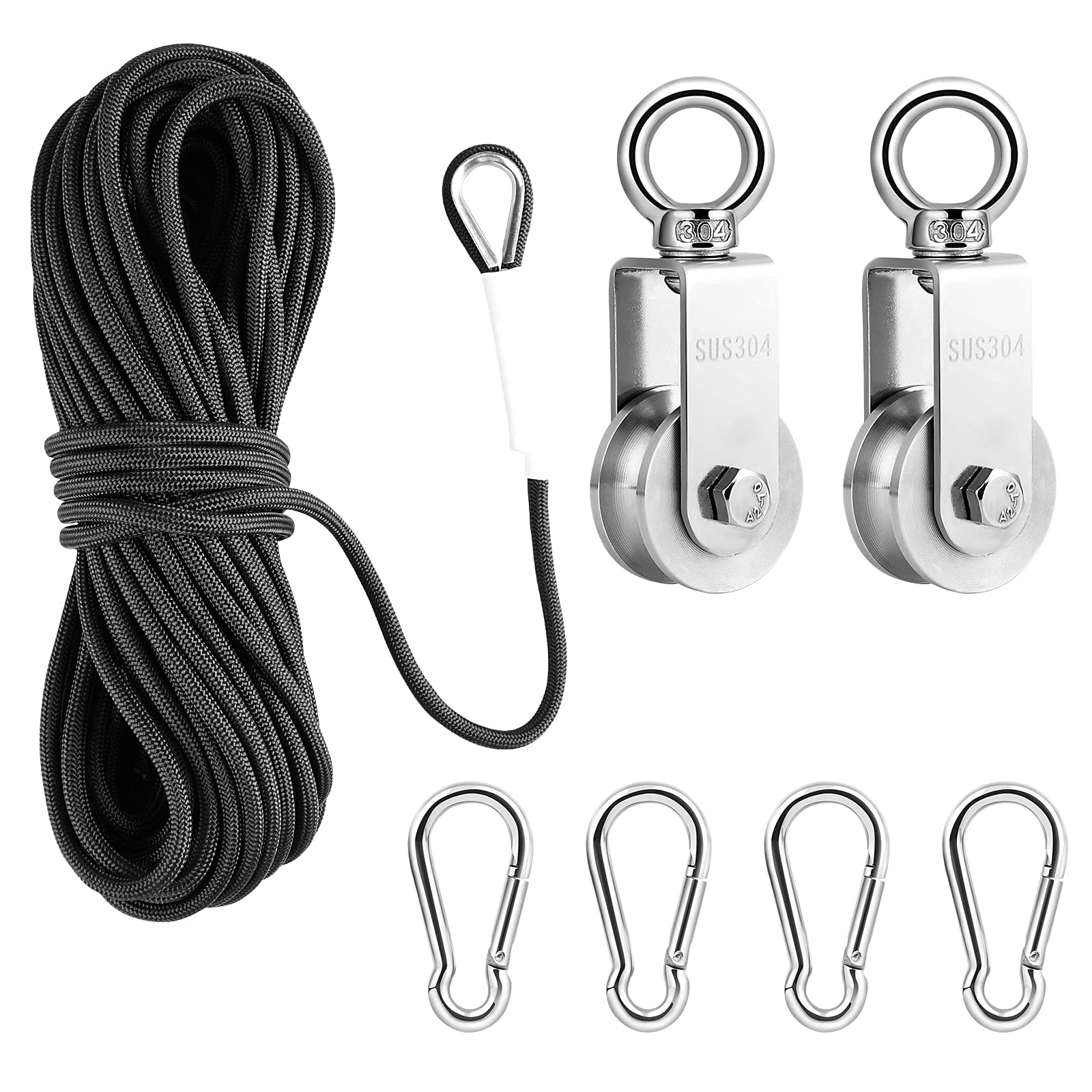 TooTaci U Pulley System Set, 2pcs 34mm Stainless Steel Pulley Block with 20M/6mm Pulley Nylon Rope, 4pcs Carabiner Hooks, for Indoor Outdoor Lifting, Washing Line Pulley Kit