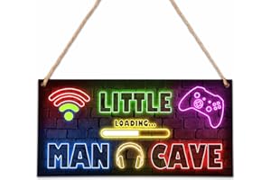 ZIIUFRN Little Man Cave, Neon Gaming Wooden Door Sign for Gamer Room Decor, Boys Decorations for Bedroom Nursery Playroom Wall Art (5"x10") -B03
