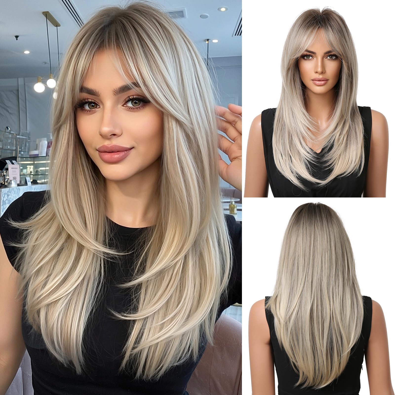 OUFEI Long Straight Ombre Blonde Layered Natural Wigs for Women Natural Synthetic Hair Heat Resistant Wigs for Daily Party Cosplay Wear — image 1