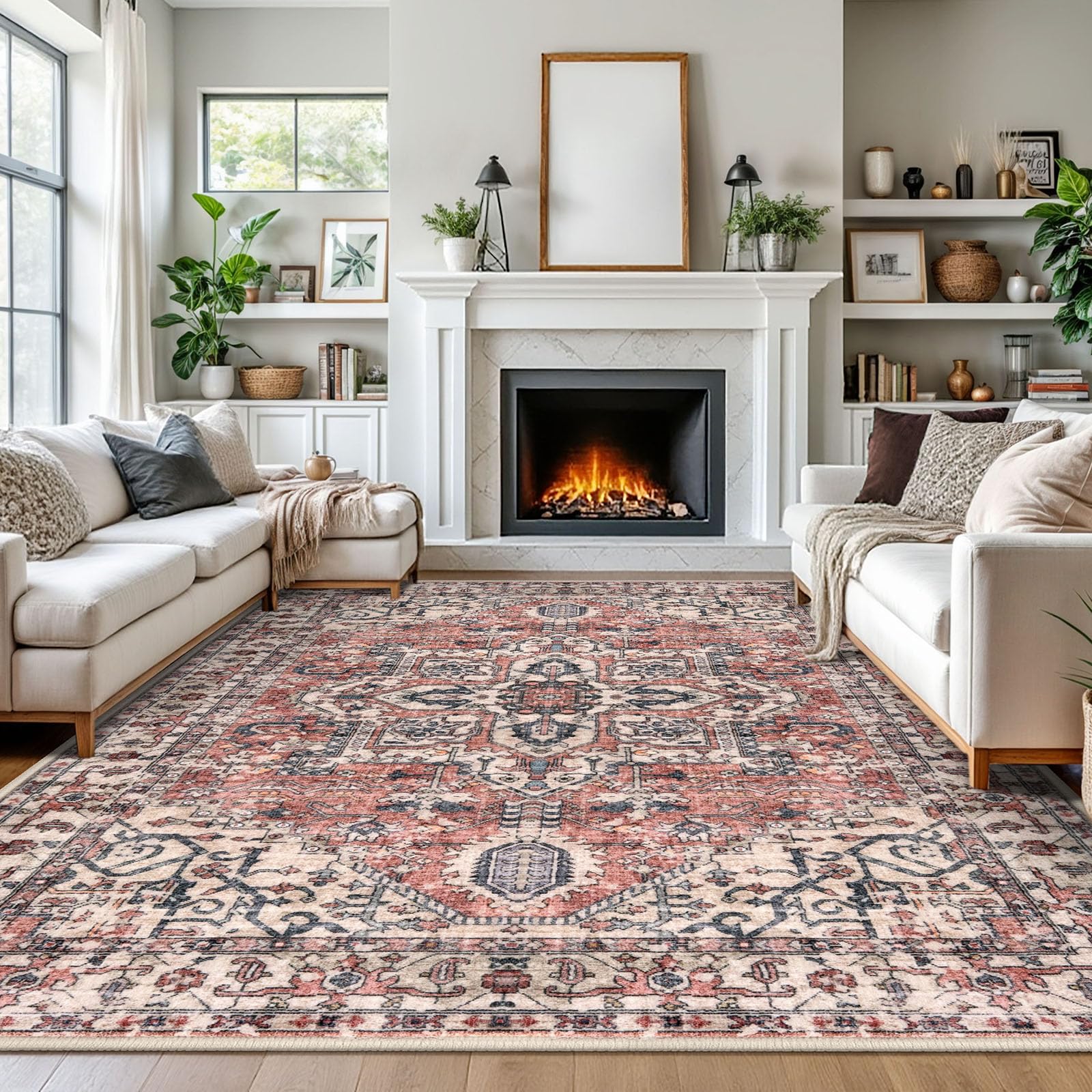 KOZYFLY Area Rug 9x12 Ft Thin Rugs for Living Room Washable Bedroom Rug Non Slip Rugs for Living Room Printed Faux Wool Vintage Bedroom Rug Floor Carpet for Dining Room, Terracotta/Beige Image