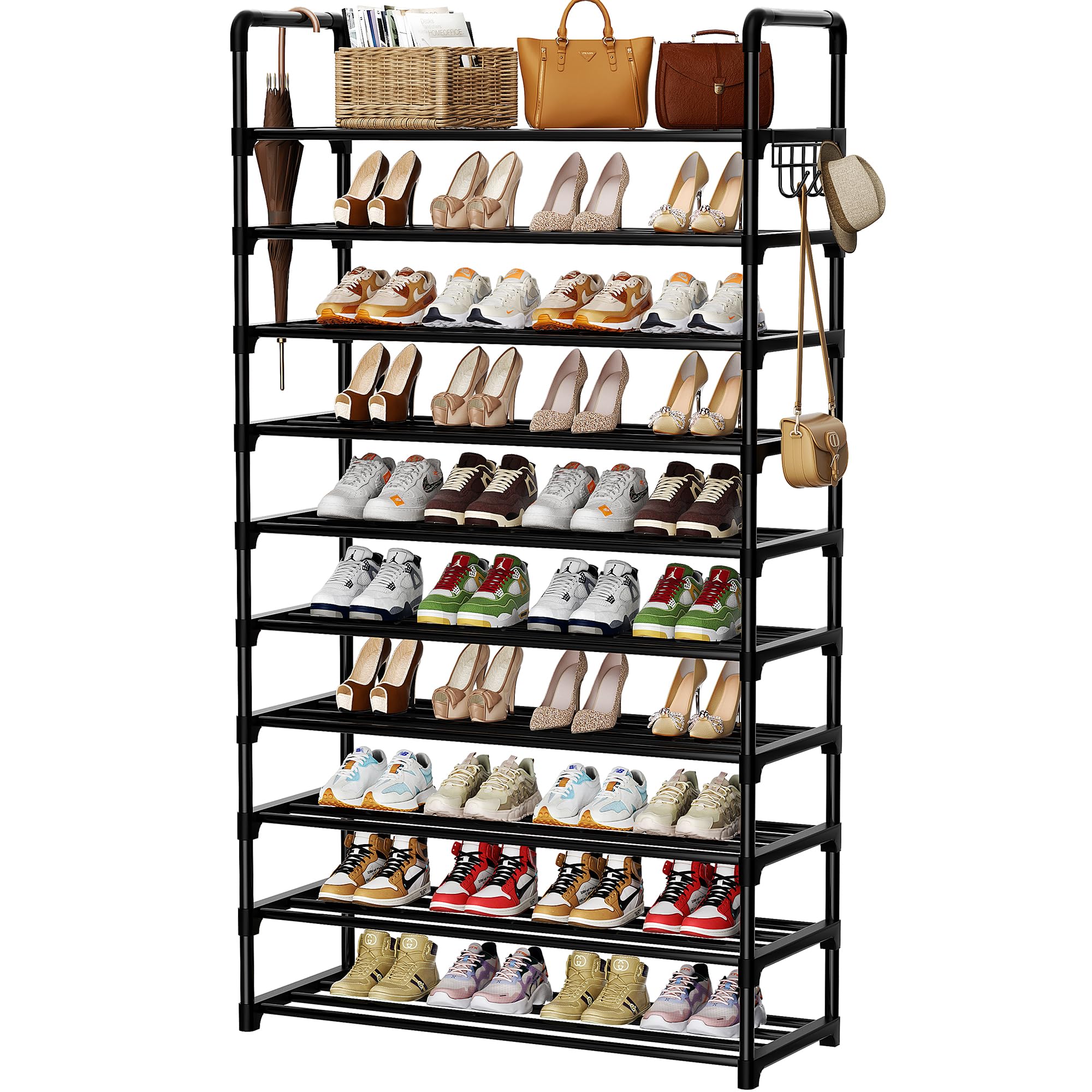 Photo 1 of SRRSO Shoe Rack, 10 Tier Shoe Storage Organizer with Hooks,Fit 40-45 Pairs Shoes,Metal Tall Shoe Shelf for Closet,Entryway, Hallway,Garage,Bedroom,Cloakroom
