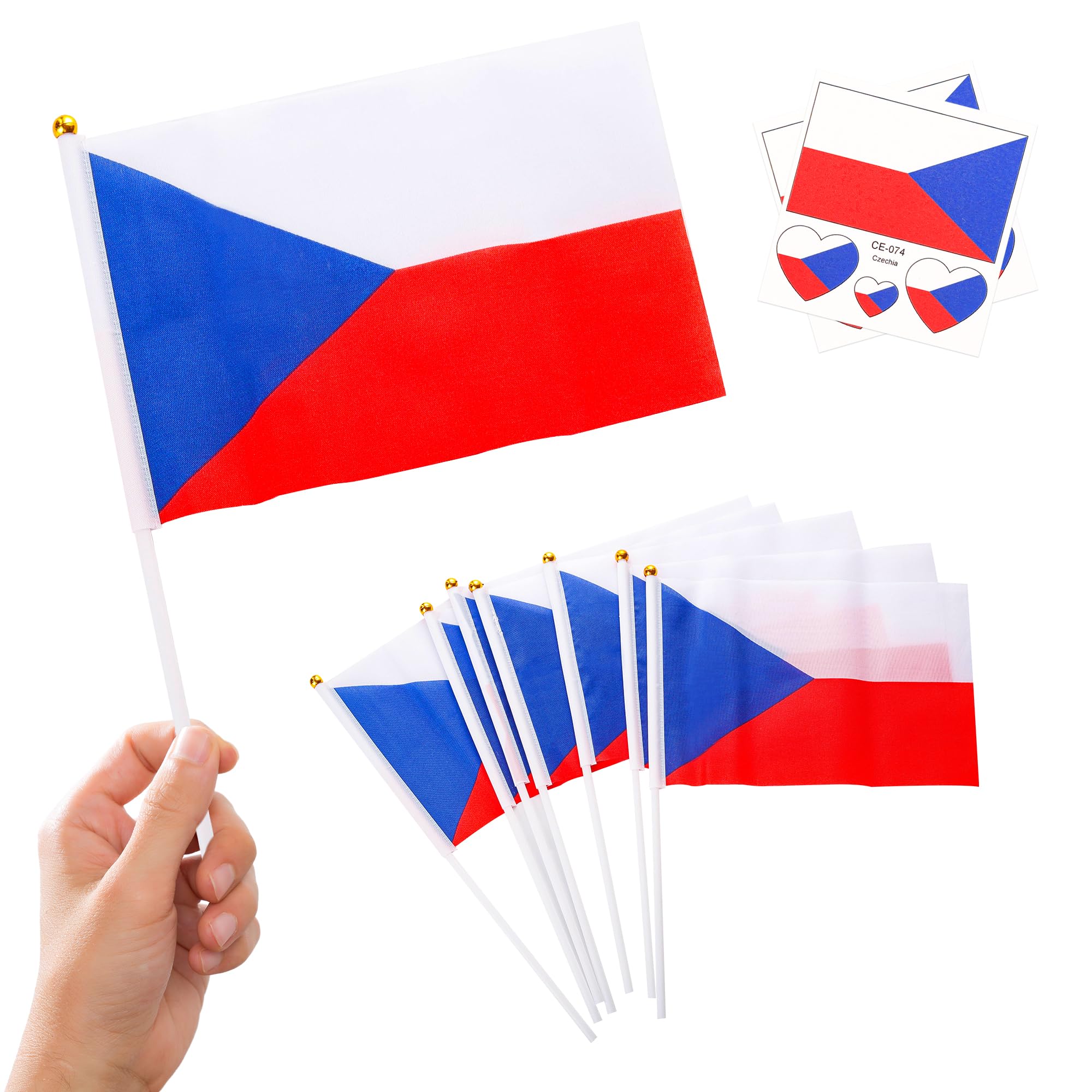 10pcs Small Czech Flags on Sticks & 2pcs Tattoos, Czech Oly 2024 Decorations Mini Czech Flags Hand Held Flags for Oly 2024 Football Sports Events National Day Party Decorations — image 1