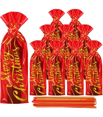 JarThenaAMCS 100Pcs Christmas Thank You Wine Bottle Gift Bag With Pull Bow Red Gold Foil Wine Cellophane Bag Xmas Winter Wine Wrap Bag Cover For Party Home Table Decor I4888053770