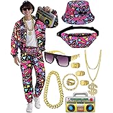 VillbeCoser 80s 90s Outfit for Men Tracksuit Costume, Hip Hop Hat Fanny Pack Ring Bracelet Gold Chain Rapper Sportswear