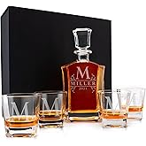 Personalized Whiskey Decanter Set - 9 Design Options - 5 Pc Customizable Crystal Liquor Decanter with Glass Stopper (720ml) & 4 Whiskey Glasses (270ml)