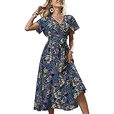 Women's Boho Summer Wrap Midi Dress - Palm Leaf Floral Print V-Neck Ruffle Short Sleeve Casual Beach Vacation Dress