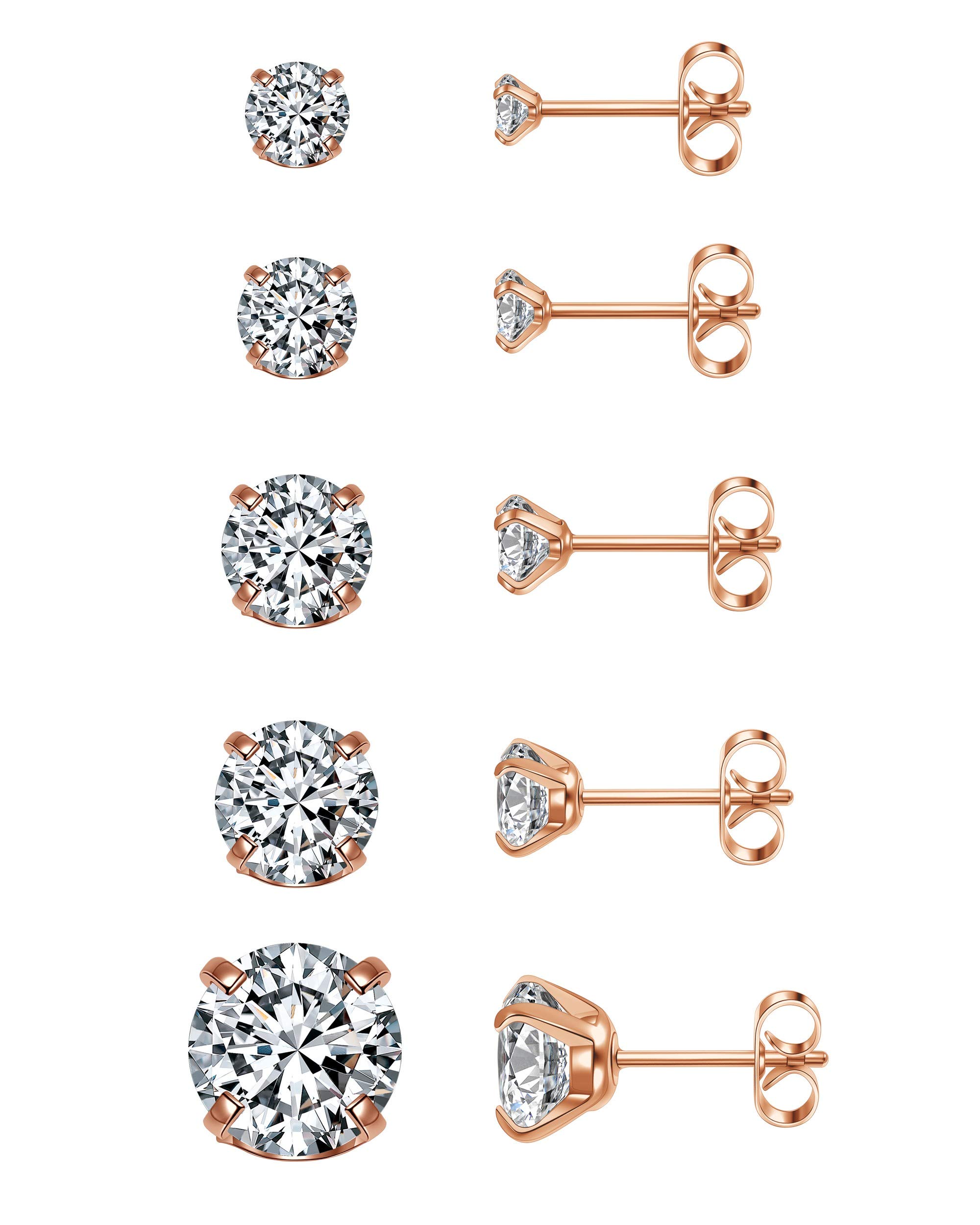AllerPierce Rose Gold Stud Earrings for Women Cubic Zirconia Stud Earrings Set for Men Girls Hypoallergenic Small Sleeper Cartilage Studs Sensitive Ears Piercing Jewellery 3mm-8mm (5 Pairs)