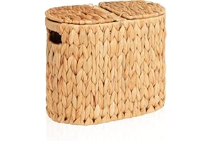 FairyHaus Wicker Toilet Paper Storage Basket with Lid & Handles, 4 Rolls Handwoven Toilet Paper Holder with Storage, Natural Water Hyacinth Toilet Paper Holder Stand Basket for Bathroom