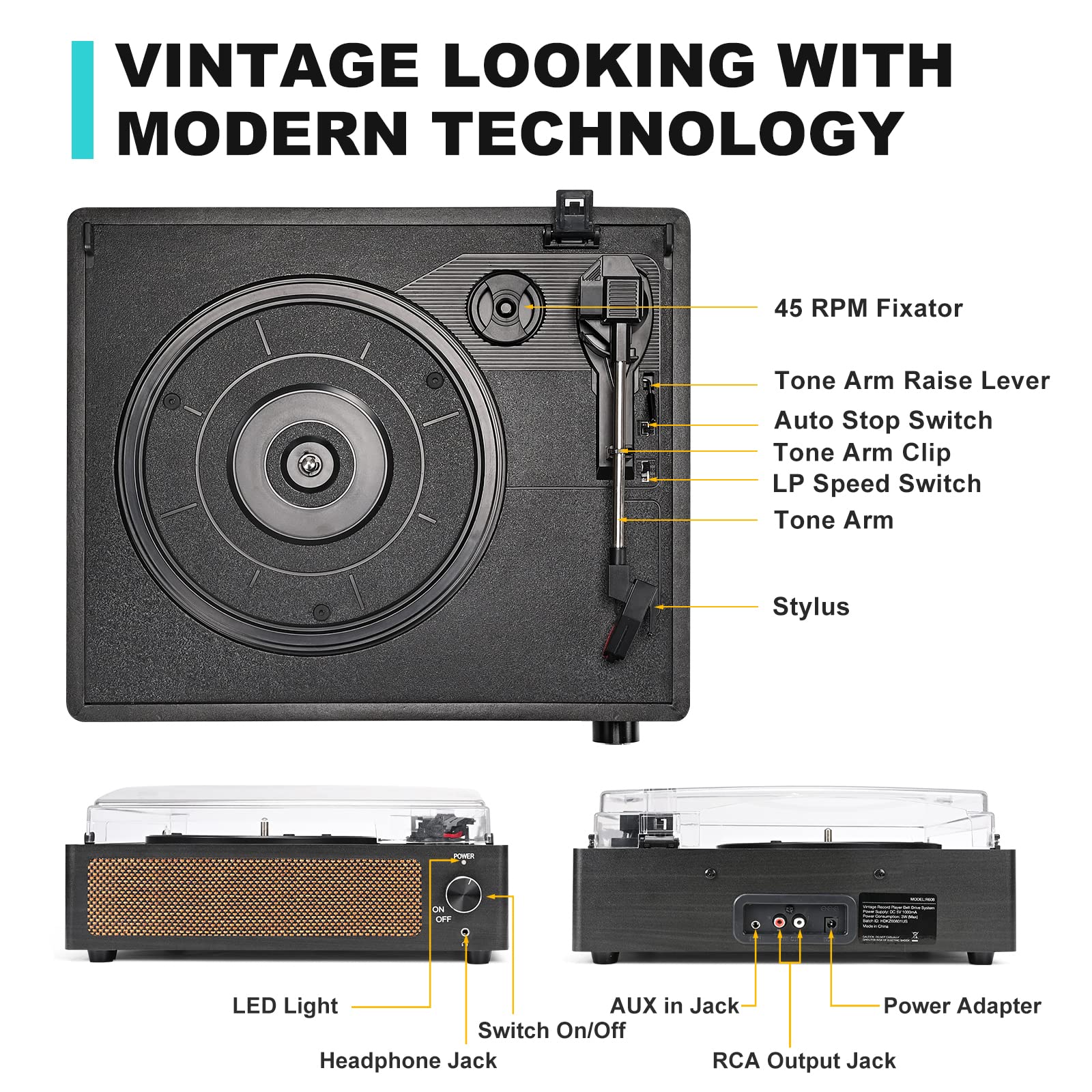 Vinyl Record Player with Speakers Vintage Turntable for Vinyls Records Belt-Driven Turn Table Support 3-Speed, Wireless Playback, Headphone, AUX-in, RCA Line LP Phonograph for Sound Enjoyment Black